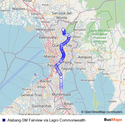 Alabang-SM Fairview via Lagro Commonwealth bus Line Map