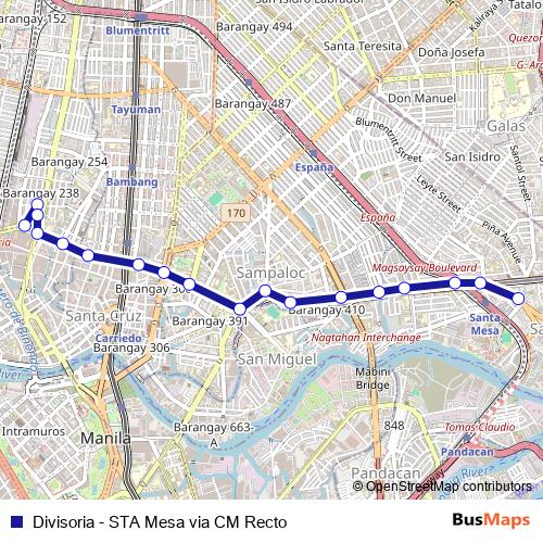 Divisoria - STA Mesa via CM Recto bus Line Map