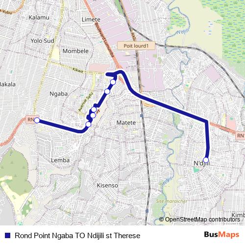 Rond Point Ngaba TO Ndijili st Therese bus Line Map