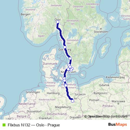Flixbus N132 bus Line Map