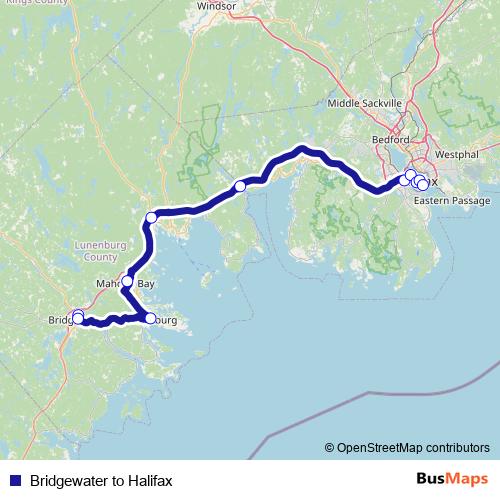 Bridgewater to Halifax bus Line Map