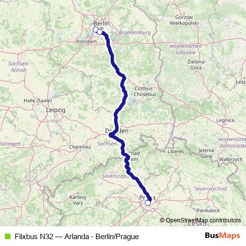 Flixbus N32 bus Line Map