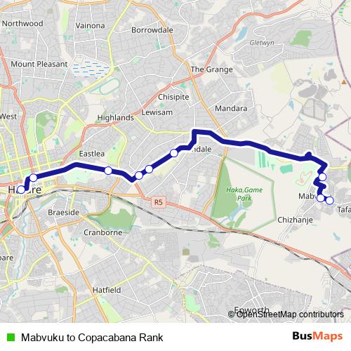 Mabvuku to Copacabana Rank bus Line Map