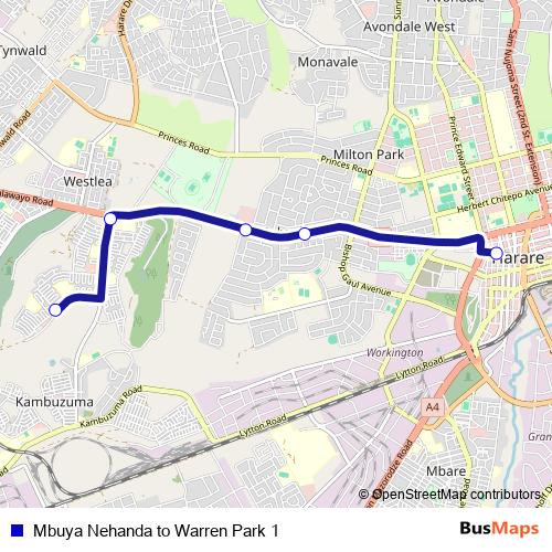 Mbuya Nehanda to Warren Park 1 bus Line Map
