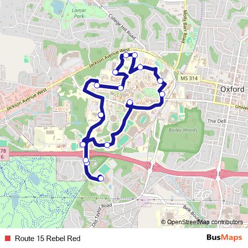 Route 15 Rebel Red bus Line Map