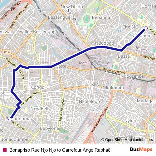 Bonapriso Rue Njo Njo to Carrefour Ange Raphaël bus Line Map