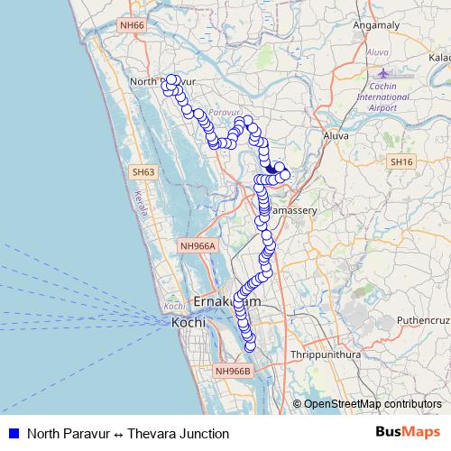 North Paravur ↔ Thevara Junction bus Line Map