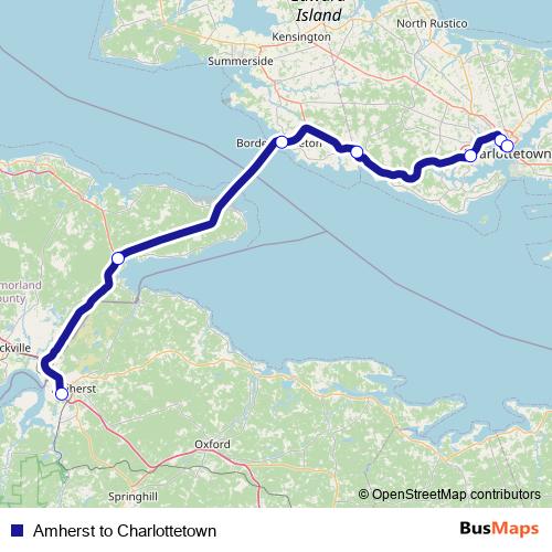 Amherst to Charlottetown bus Line Map