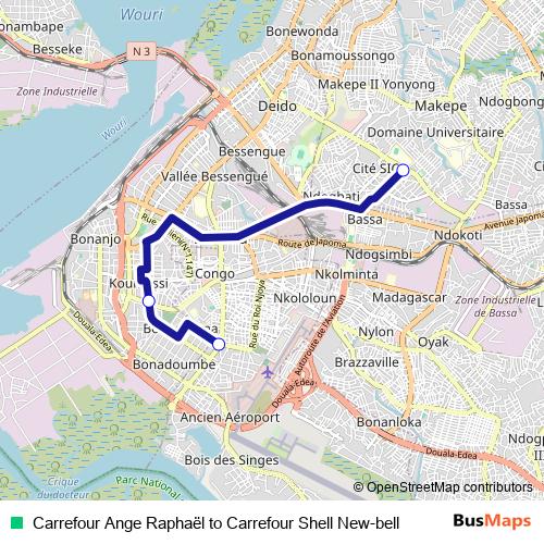 Carrefour Ange Raphaël to Carrefour Shell New-bell bus Line Map