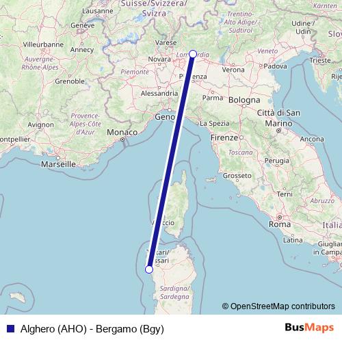 Alghero (AHO) - Bergamo (Bgy) air Line Map