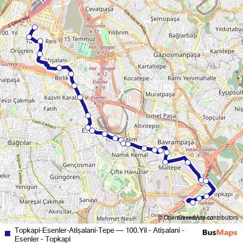 Topkapi-Esenler-Atişalani-Tepe bus Line Map
