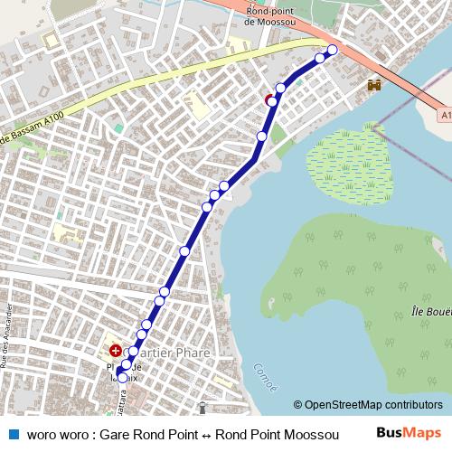 woro woro : Gare Rond Point ↔ Rond Point Moossou bus Line Map