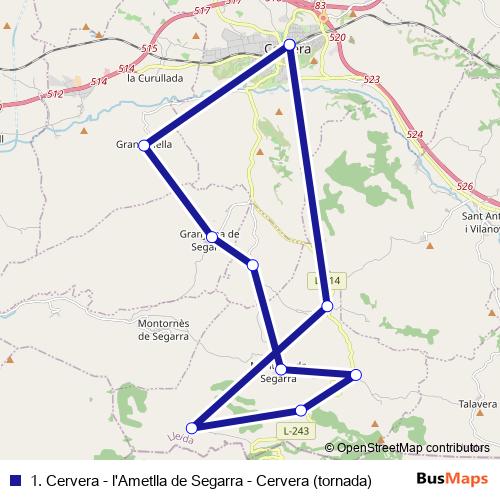 1. Cervera - l'Ametlla de Segarra - Cervera (tornada) bus Line Map