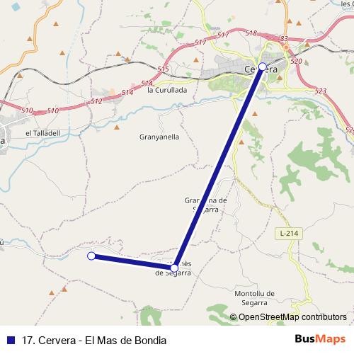 17. Cervera - El Mas de Bondia bus Line Map