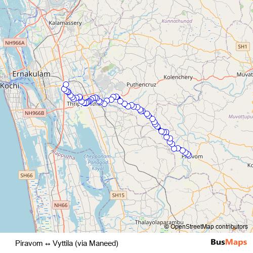 Piravom ↔ Vyttila (via Maneed) bus Line Map