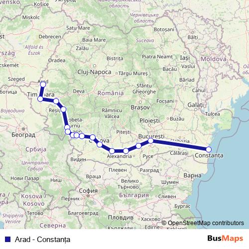 Arad - Constanţa rail Line Map