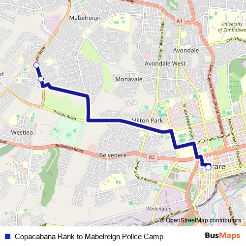 Copacabana Rank to Mabelreign Police Camp bus Line Map