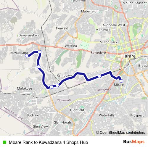 Mbare Rank to Kuwadzana 4 Shops Hub bus Line Map