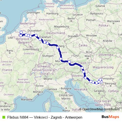Flixbus N884 bus Line Map