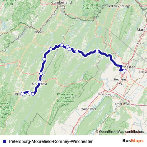Petersburg-Moorefield-Romney-Winchester bus Line Map