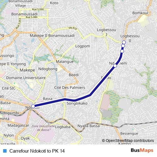 Carrefour Ndokoti to PK 14 bus Line Map