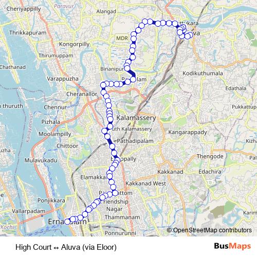 High Court ↔ Aluva (via Eloor) bus Line Map