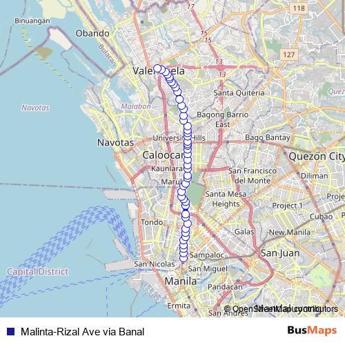 Malinta-Rizal Ave via Banal bus Line Map