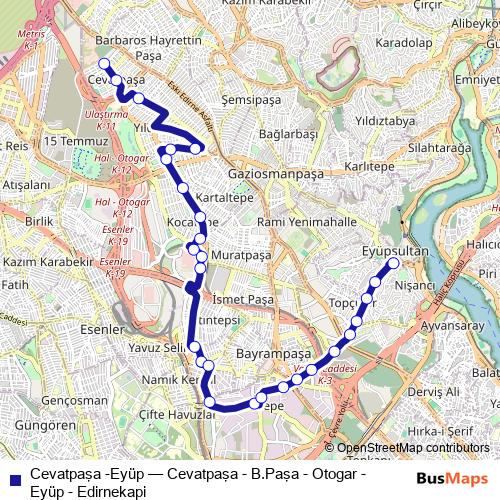 Cevatpaşa -Eyüp bus Line Map
