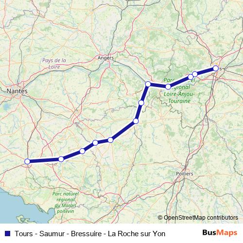 Tours - Saumur - Bressuire - La Roche sur Yon rail Line Map