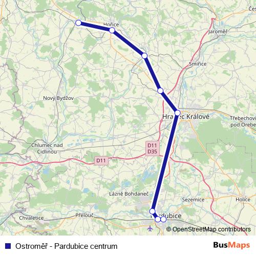 Ostroměř - Pardubice centrum rail Line Map