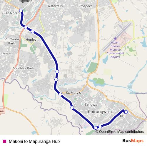 Makoni to Mapuranga Hub bus Line Map