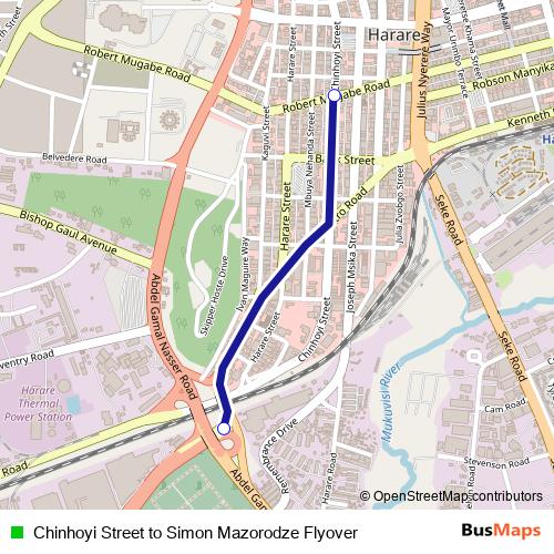 Chinhoyi Street to Simon Mazorodze Flyover bus Line Map