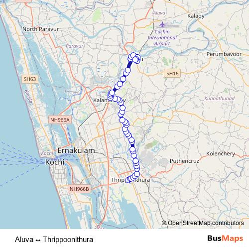 Aluva ↔ Thrippoonithura bus Line Map