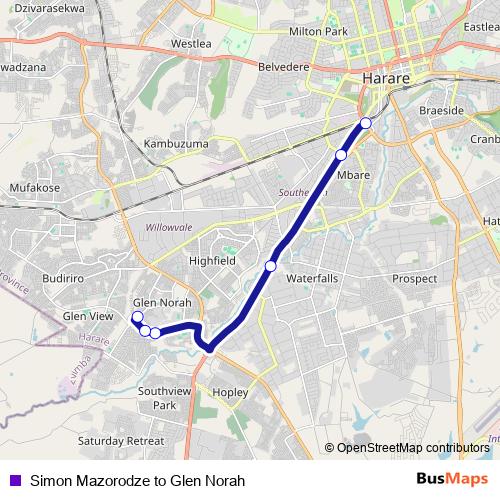 Simon Mazorodze to Glen Norah bus Line Map