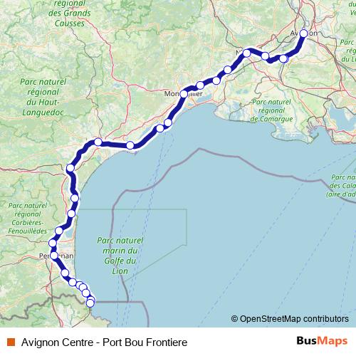 Avignon Centre - Port Bou Frontiere rail Line Map