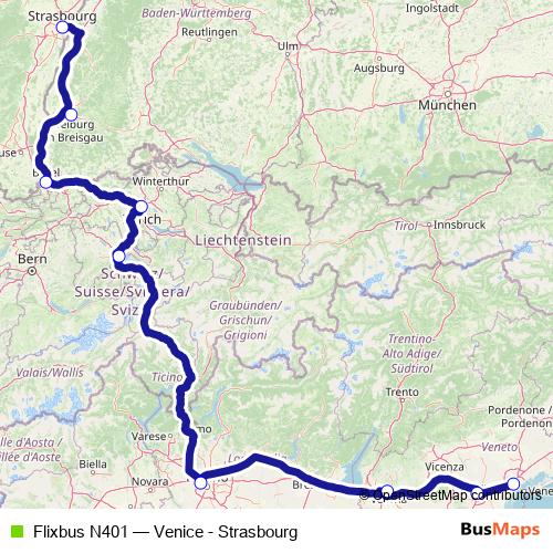 Flixbus N401 bus Line Map