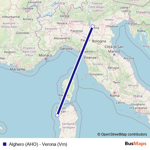 Alghero (AHO) - Verona (Vrn) air Line Map