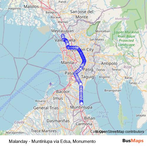 Malanday - Muntinlupa via Edsa, Monumento bus Line Map