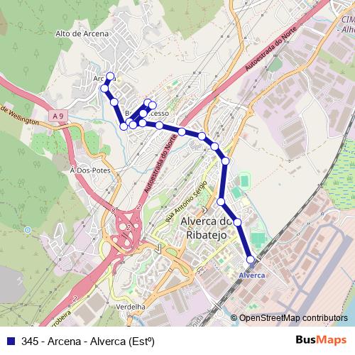 345 - Arcena - Alverca (Estº) bus Line Map