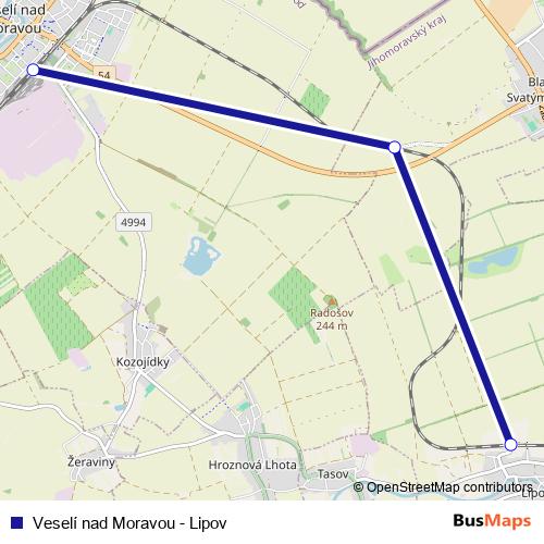 Veselí nad Moravou - Lipov rail Line Map