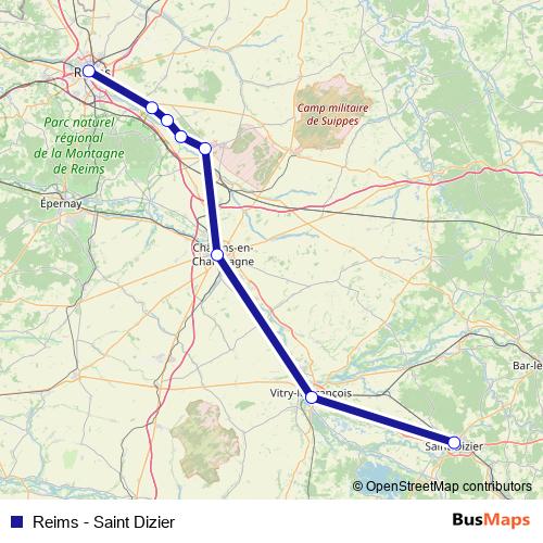 Reims - Saint Dizier rail Line Map