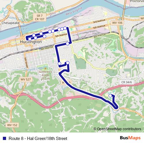 Route 8 - Hal Greer/18th Street bus Line Map