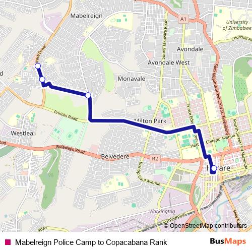 Mabelreign Police Camp to Copacabana Rank bus Line Map