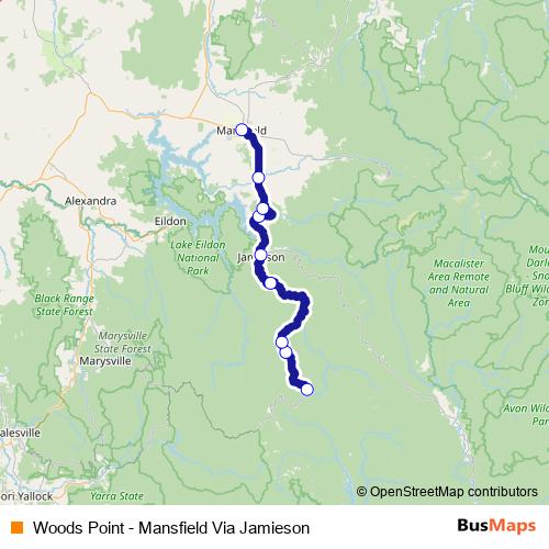 Woods Point - Mansfield Via Jamieson bus Line Map