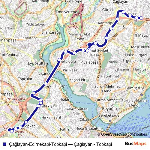 Çağlayan-Edirnekapi-Topkapi bus Line Map
