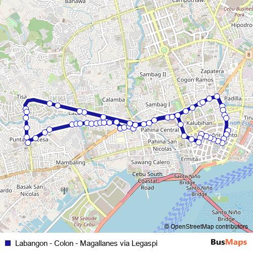 Labangon - Colon - Magallanes via Legaspi bus Line Map