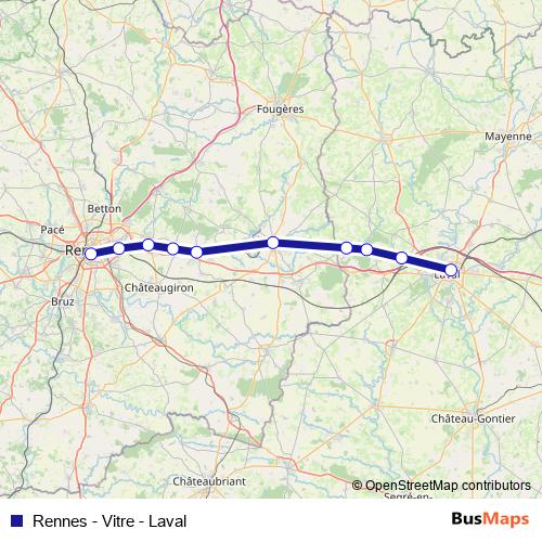 Rennes - Vitre - Laval rail Line Map