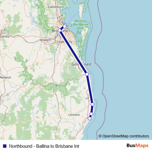 Northbound - Ballina to Brisbane Int bus Line Map
