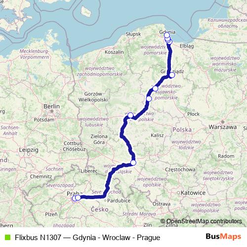 Flixbus N1307 bus Line Map