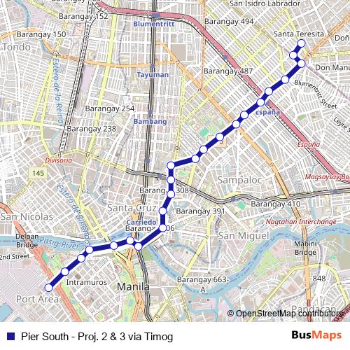Pier South - Proj. 2 & 3 via Timog bus Line Map